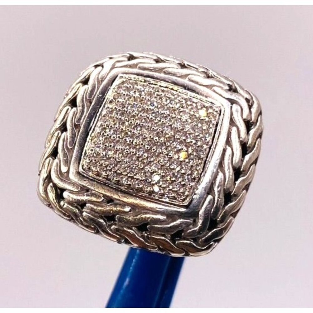 JOHN HARDY Sterling 18k Pave Natural Diamond Classic Chain Cocktail Ring size 8.